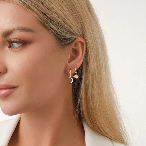 Hypoallergenic Mini Hoops with Asymmetrical Moon & Star - Elegant Silver Jewelry - Picture 2 of 6